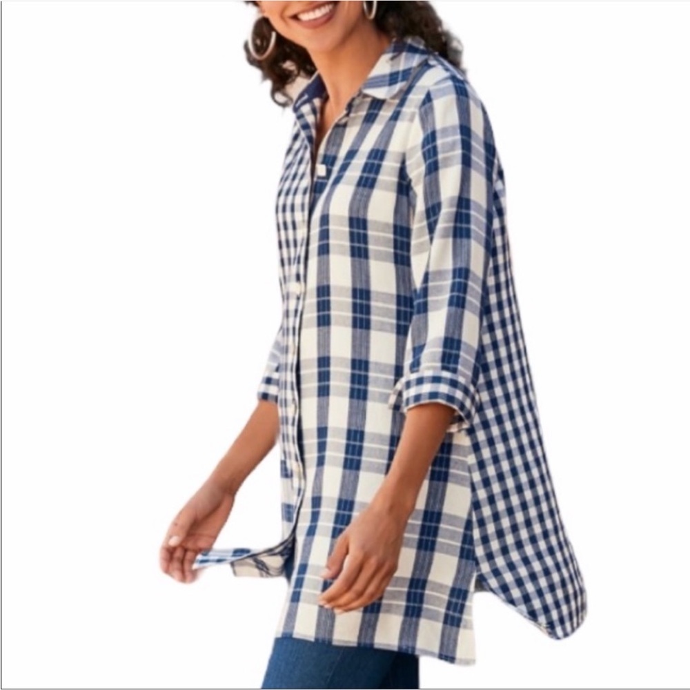 Soft Surroundings Navy/White Huntleigh Plaid Shirt